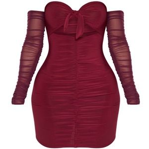 Burgundy Tie Bust Ruched bodycon dress